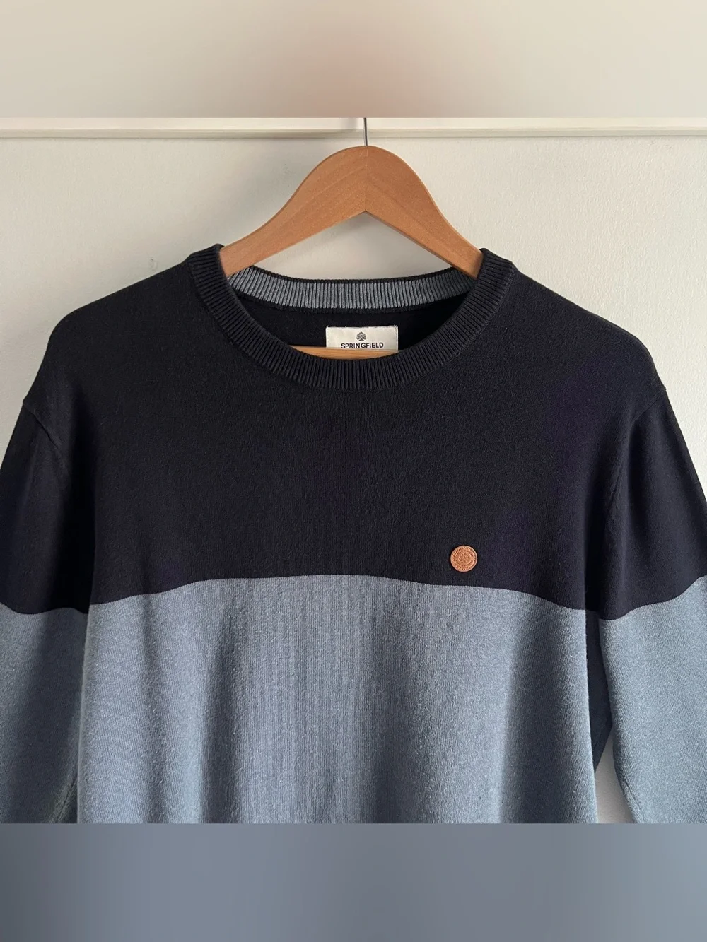 Springfield Men’s Colorblock Crew Neck Sweater Navy & Blue Cotton Size Large